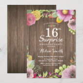 Rustic Floral Surprise 16th Birthday Invitation Kaart (Voorkant / Achterkant)