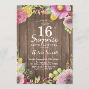 Rustic Floral Surprise 16th Birthday Invitation Kaart