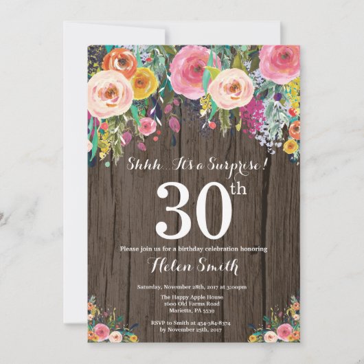 Rustic Floral Surprise 30th Birthday Invitation Kaart (Voorkant)