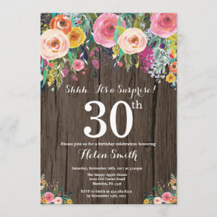 Rustic Floral Surprise 30th Birthday Invitation Kaart
