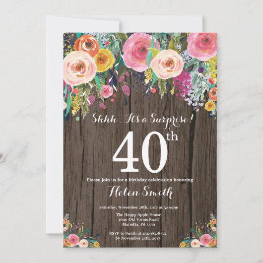 Rustic Floral Surprise 40th Birthday Invitation Kaart (Voorkant)