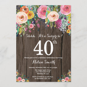 Rustic Floral Surprise 40th Birthday Invitation Kaart