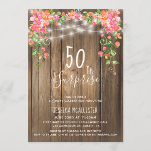 Rustic Floral Surprise 50th Birthday Invitation Kaart