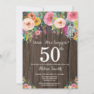 Rustic Floral Surprise 50th Birthday Invitation Kaart