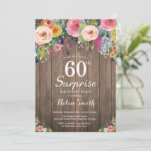 Rustic Floral Surprise 60th Birthday Invitation Kaart (Staand voorkant)