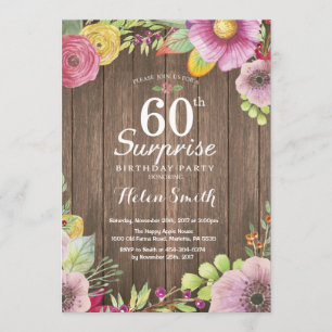 Rustic Floral Surprise 60th Birthday Invitation Kaart
