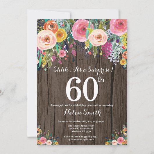 Rustic Floral Surprise 60th Birthday Invitation Kaart (Voorkant)