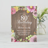 Rustic Floral Surprise 80th Birthday Invitation Kaart (Staand voorkant)