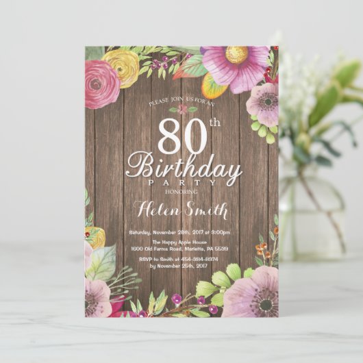 Rustic Floral Surprise 80th Birthday Invitation Kaart (Staand voorkant)