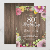 Rustic Floral Surprise 80th Birthday Invitation Kaart (Voorkant / Achterkant)