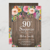 Rustic Floral Surprise 90th Birthday Invitation Kaart (Voorkant / Achterkant)