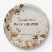 Rustic Floral Teddy Bear Baby shower Papieren Bordje (Voorkant)
