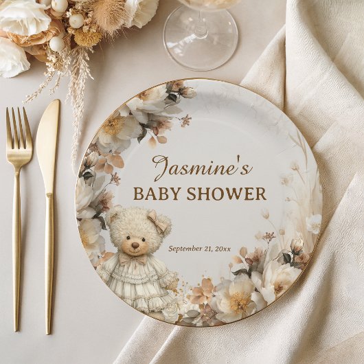 Rustic Floral Teddy Bear Baby shower Papieren Bordje