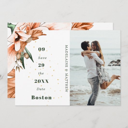 Rustic Floral Terracotta Photo Gold Elegant Chic Save The Date (Voorkant / Achterkant)