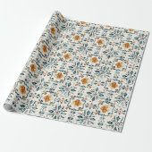 Rustic Floral Tile Wrapping Paper, Orange & Teal Cadeaupapier (Uitgerold)