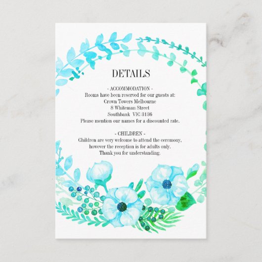 Rustic Floral Turquoise Wedding Wreath Informatiekaartje (Voorkant)