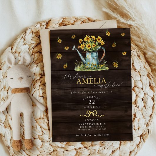 Rustic Floral Watering Can Baby Girl Shower Kaart