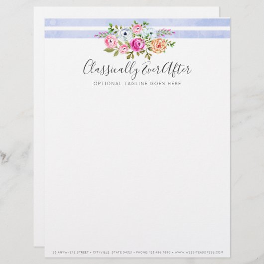 Rustic Floral Waterverf Modern Stripe Shabby Chic Gepersonaliseerd Briefhoofd (Voorkant / Achterkant)