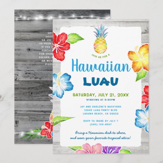 Rustic Floral Waterverf Tropische Hawaiian Luau Kaart (Voorkant / Achterkant)