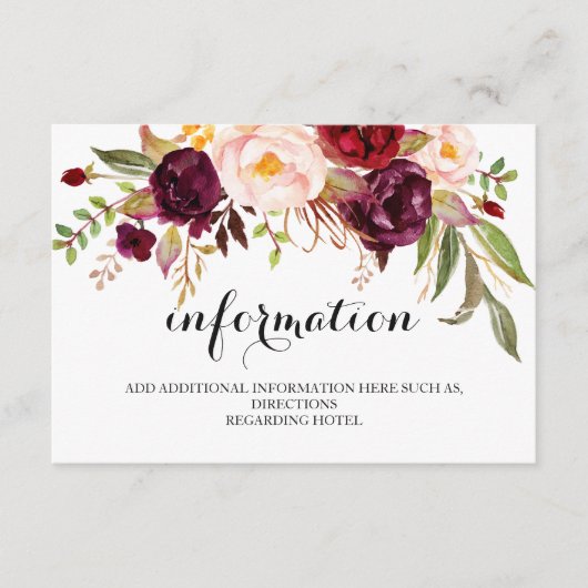 Rustic Floral Wedding Information/Details 2-Side-1 Informatiekaartje (Voorkant)