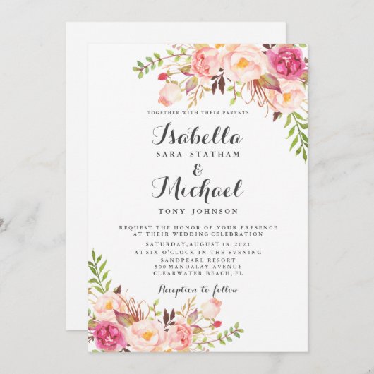 Rustic Floral Wedding Invitation Kaart (Voorkant / Achterkant)
