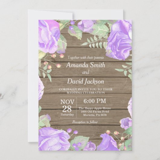 Rustic Floral Wedding Invitation Paarse Waterverf Kaart (Voorkant)
