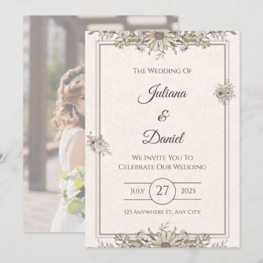 Rustic Floral Wedding Invitation Sjabloon Kaart (Voorkant / Achterkant)