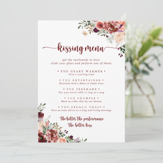 Rustic Floral Wedding Kissing Menu Game Kaart (Staand voorkant)