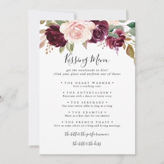 Rustic Floral Wedding Kissing Menu Game Kaart (Voorkant)