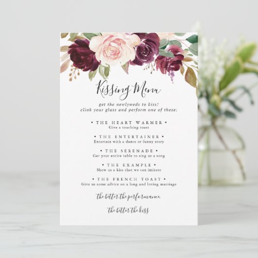Rustic Floral Wedding Kissing Menu Game Kaart (Staand voorkant)