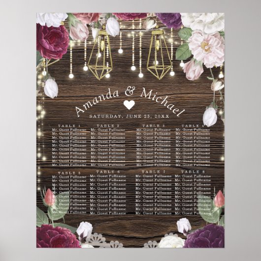 Rustic Floral Wedding Seating Chart Poster (Voorkant)