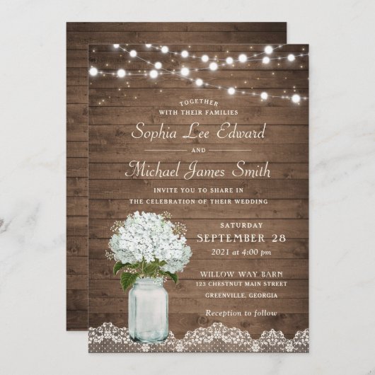 Rustic Floral White Hydrangea Mason Jar Lace Light Kaart (Voorkant / Achterkant)