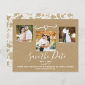 Rustic Floral White Lace Kraft Photo Save the Date (Voorkant / Achterkant)