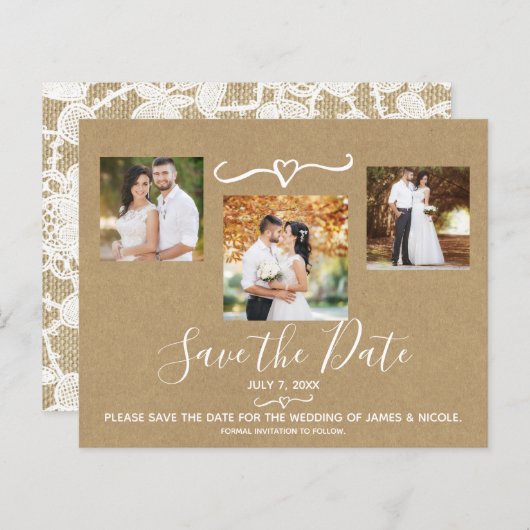 Rustic Floral White Lace Kraft Photo Save the Date (Voorkant / Achterkant)