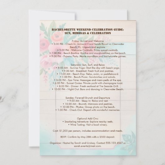 Rustic Floral & Wood Elegant Bachelorette Weekend  Kaart (Achterkant)