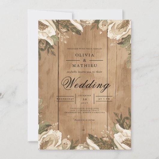Rustic Floral Wood Grain Wedding Kaart (Voorkant)