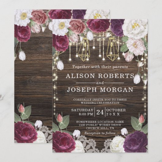 Rustic Floral Wood String-lampen Weddenschap Kaart (Voorkant / Achterkant)