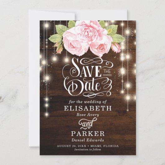 Rustic Floral Wood  typografie Save The Date (Voorkant)