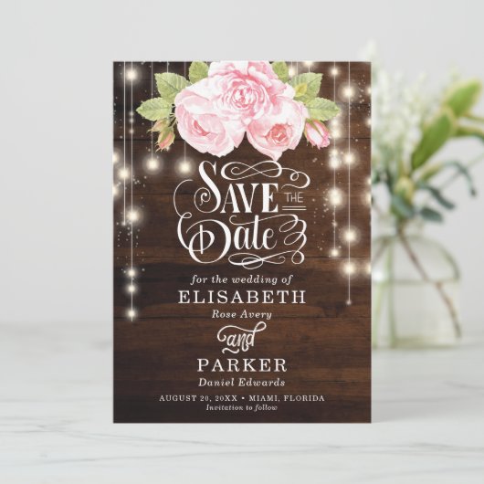 Rustic Floral Wood typografie Save The Date (Staand voorkant)