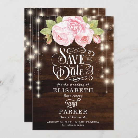 Rustic Floral Wood typografie Save The Date (Voorkant / Achterkant)