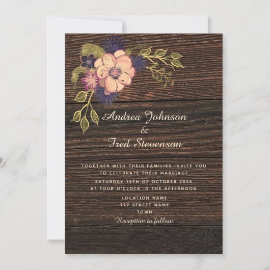 Rustic Floral Wood Wedding Invitation Kaart (Voorkant)