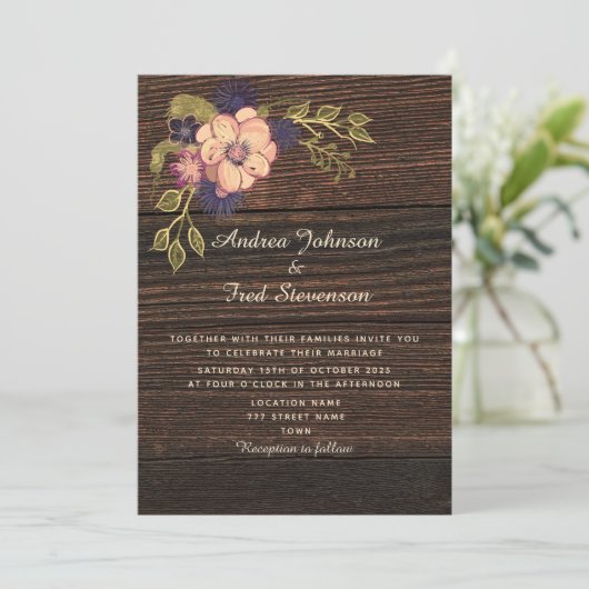 Rustic Floral Wood Wedding Invitation Kaart (Staand voorkant)