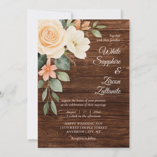 Rustic Floral Wood Wedding Invitation Kaart (Voorkant)