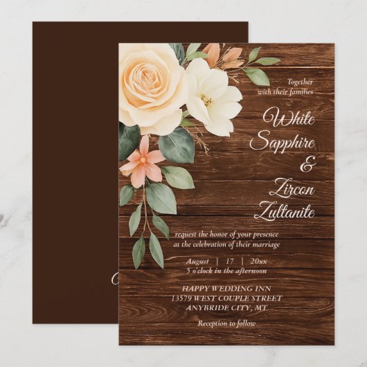 Rustic Floral Wood Wedding Invitation Kaart (Voorkant / Achterkant)