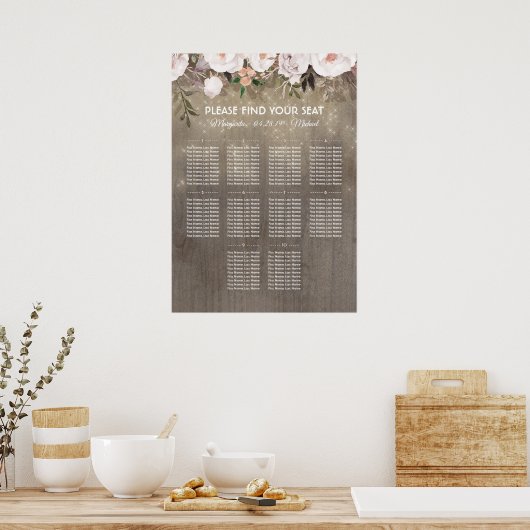 Rustic Floral Wood Wedding Seating Chart Poster (Keuken)