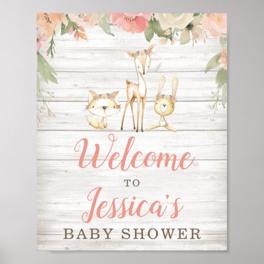 Rustic Floral Woodland Animals Baby shower Welkom Poster (Voorkant)