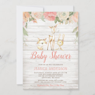Rustic Floral Woodland Animals Girl Baby shower Kaart