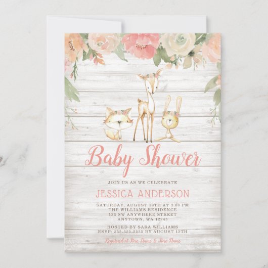 Rustic Floral Woodland Animals Girl Baby shower Kaart (Voorkant)