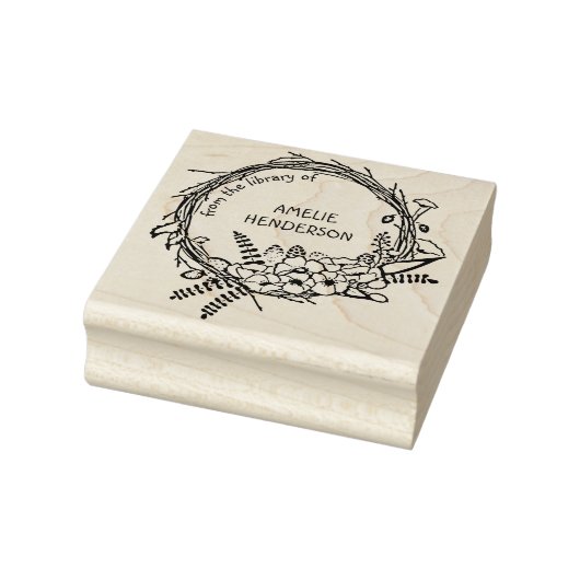 Rustic Floral WreatCustom Name Library Book Rubberstempel (Stempel)