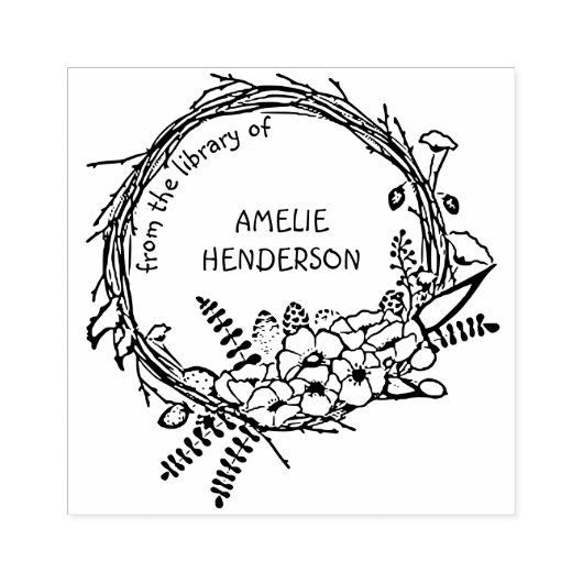Rustic Floral WreatCustom Name Library Book Rubberstempel (Afrduk)